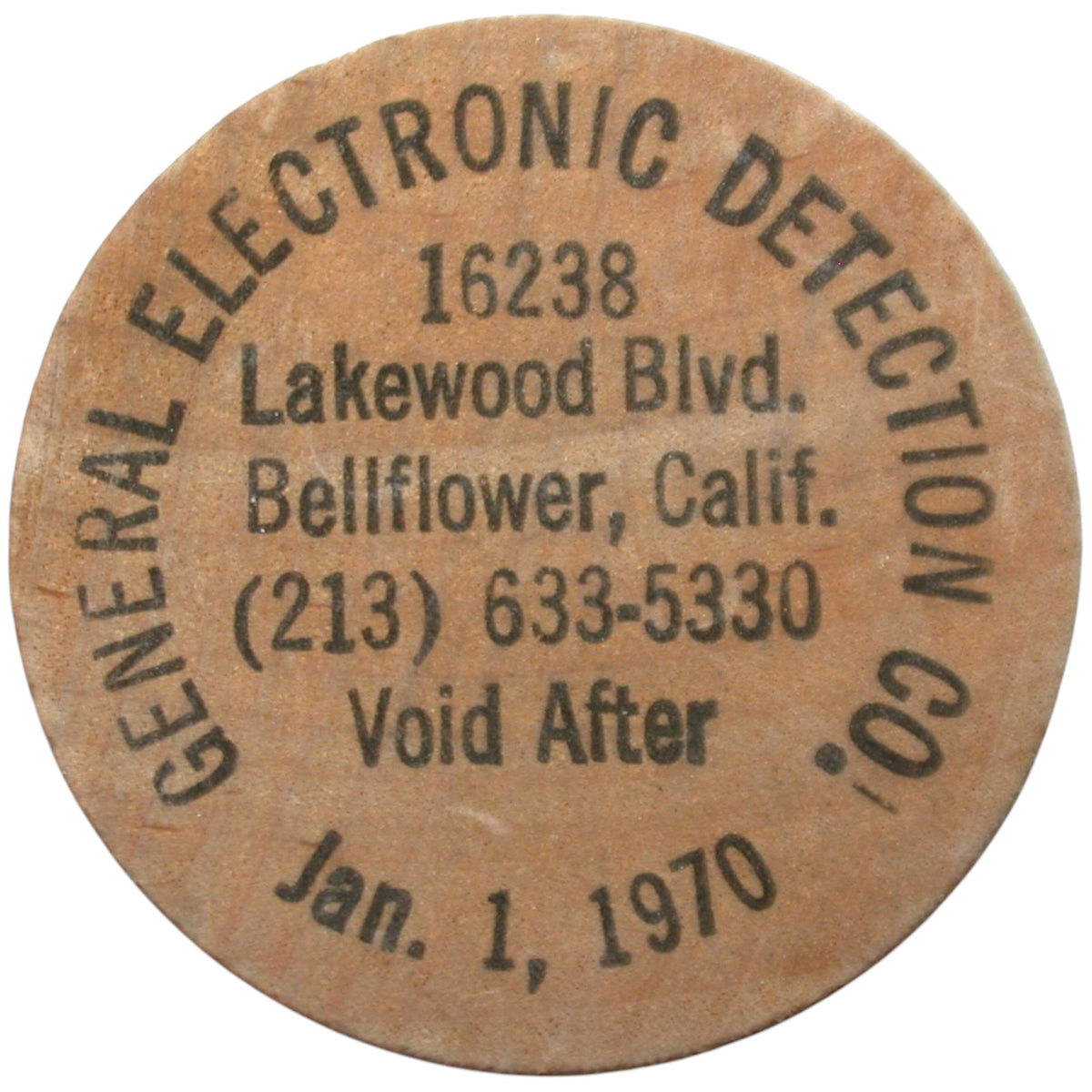 Bellflower, CA General Electric Detection Co. Wooden Nickel Token