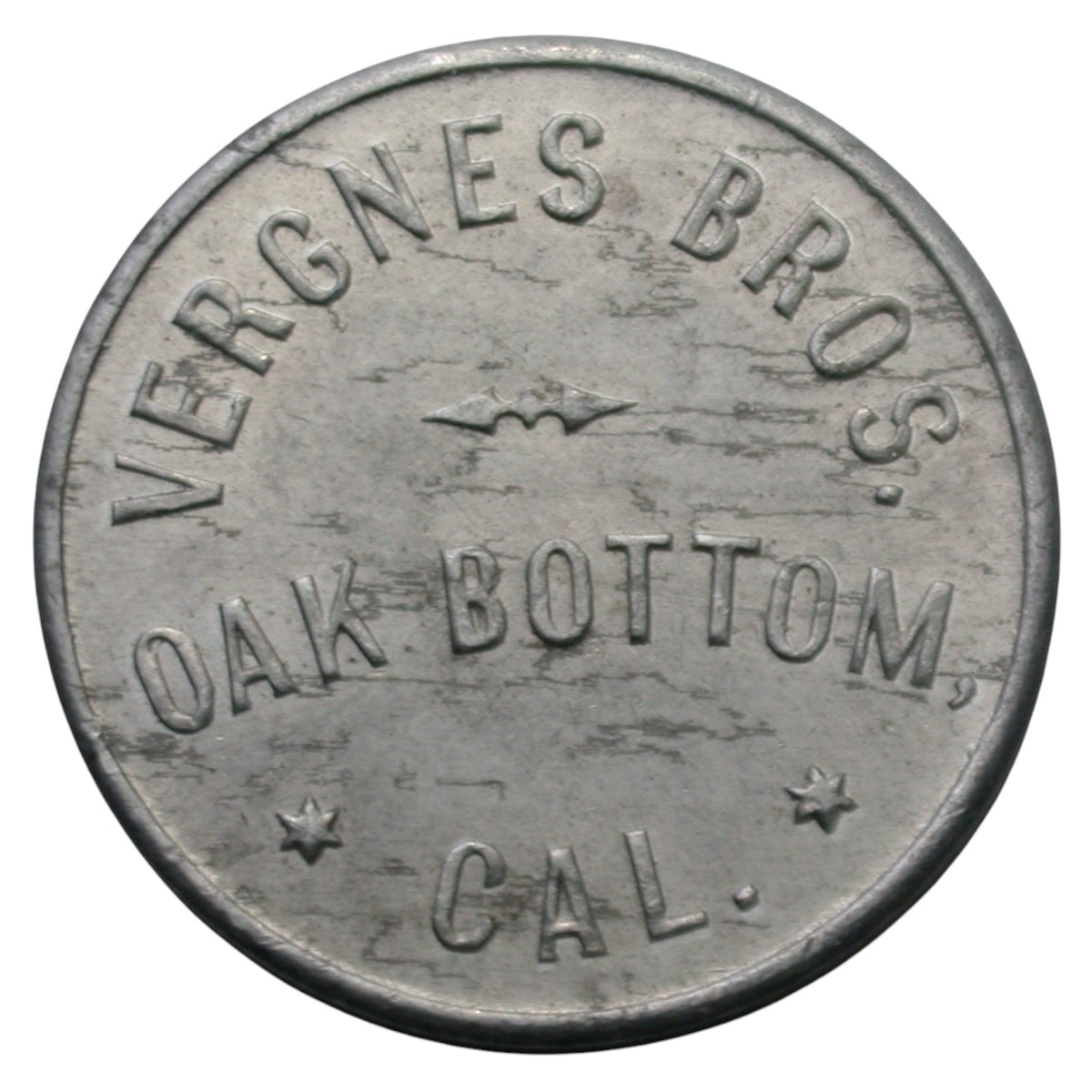 Oak Bottom, CA Vergnes Bros. G/F 10¢ In Trade Token